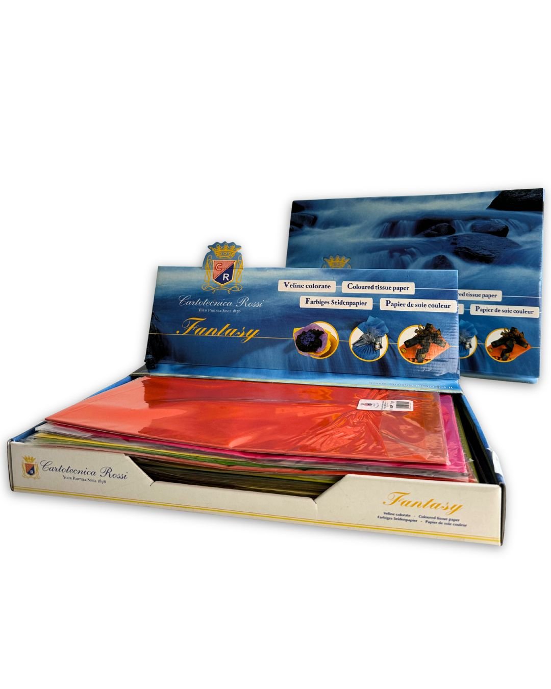 Présentoir FANTASY papier de soie couleur 21 g/m² – 44 pochettes assorties, 16 couleurs, format 50×70 cm