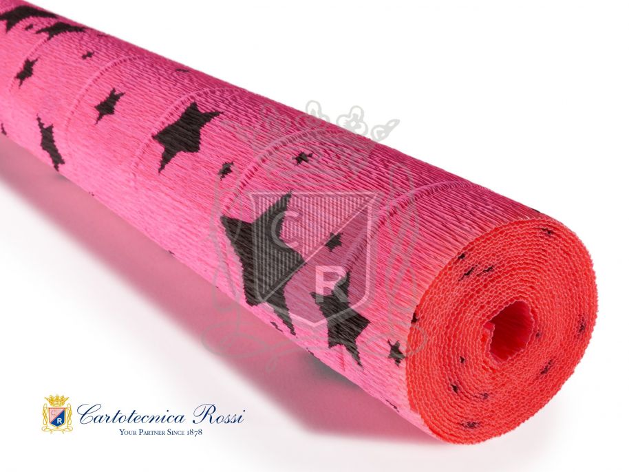 'Superior Florist' Crepe Paper 180g (144 g/m²) 50x250 Printed - Black Stars on Pink Background